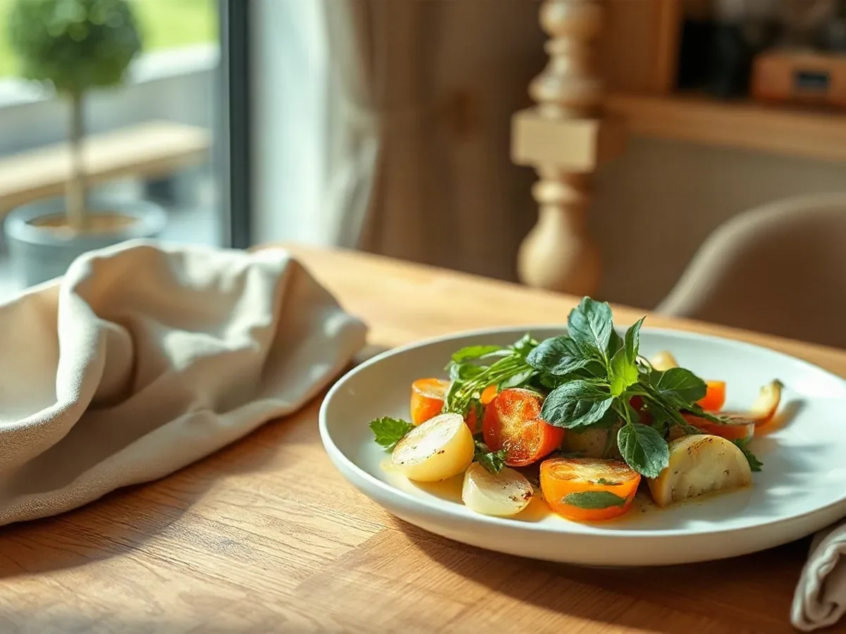 Crisp seasonal vegetables and fresh herbs arranged on pale ceramic beside folded linen.