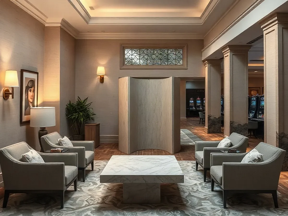 Quiet lounge chairs, linen and a pale stone table sit in soft daylight.
