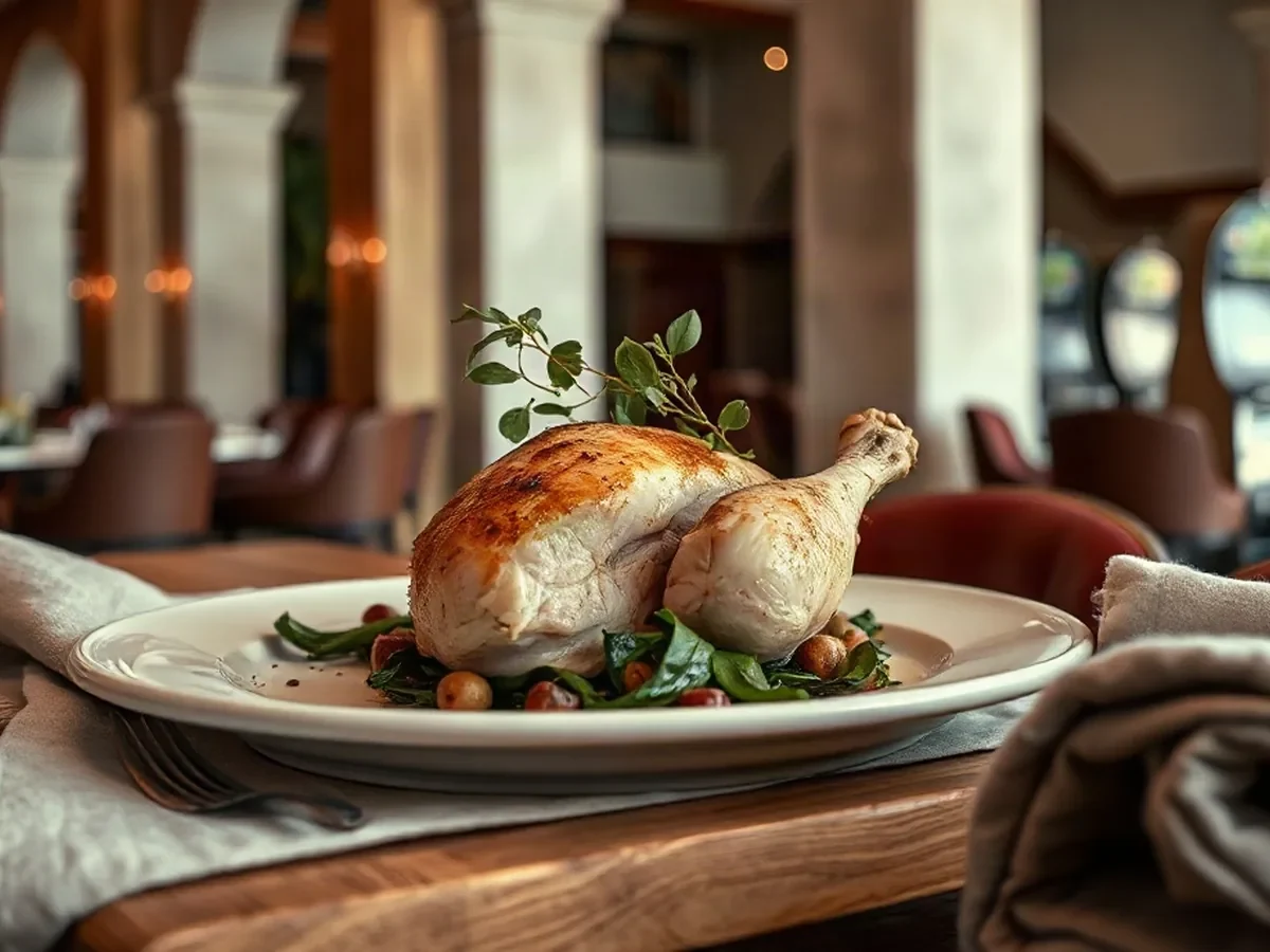 Golden roast chicken with vivid greens and delicate sauce on pale ceramic in warm light.