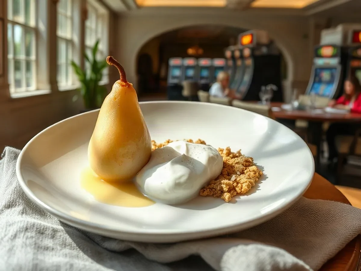 Poached pear, airy vanilla cream and crisp crumb arranged on a pale ceramic plate.