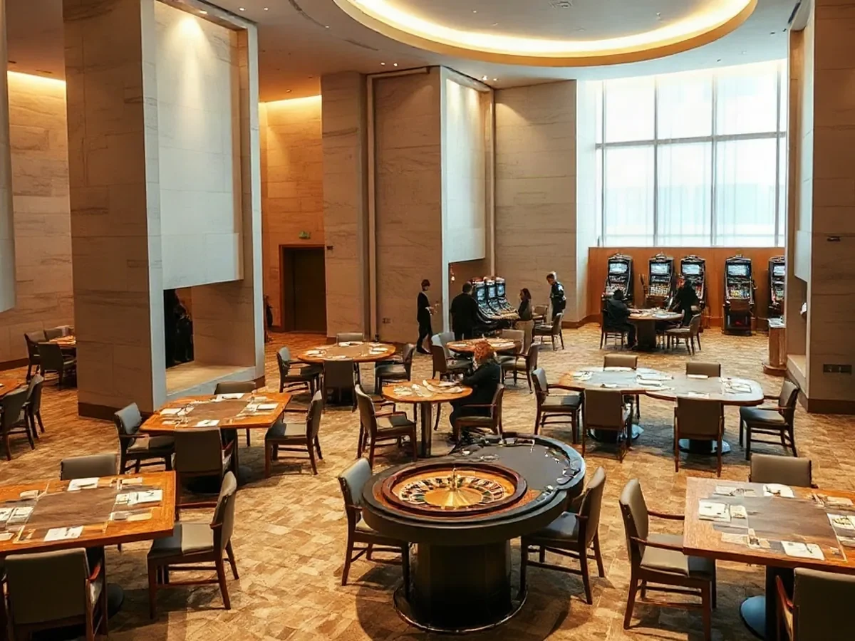Gaming tables and sculptural oak partitions sit beneath warm light in a spacious casino interior.