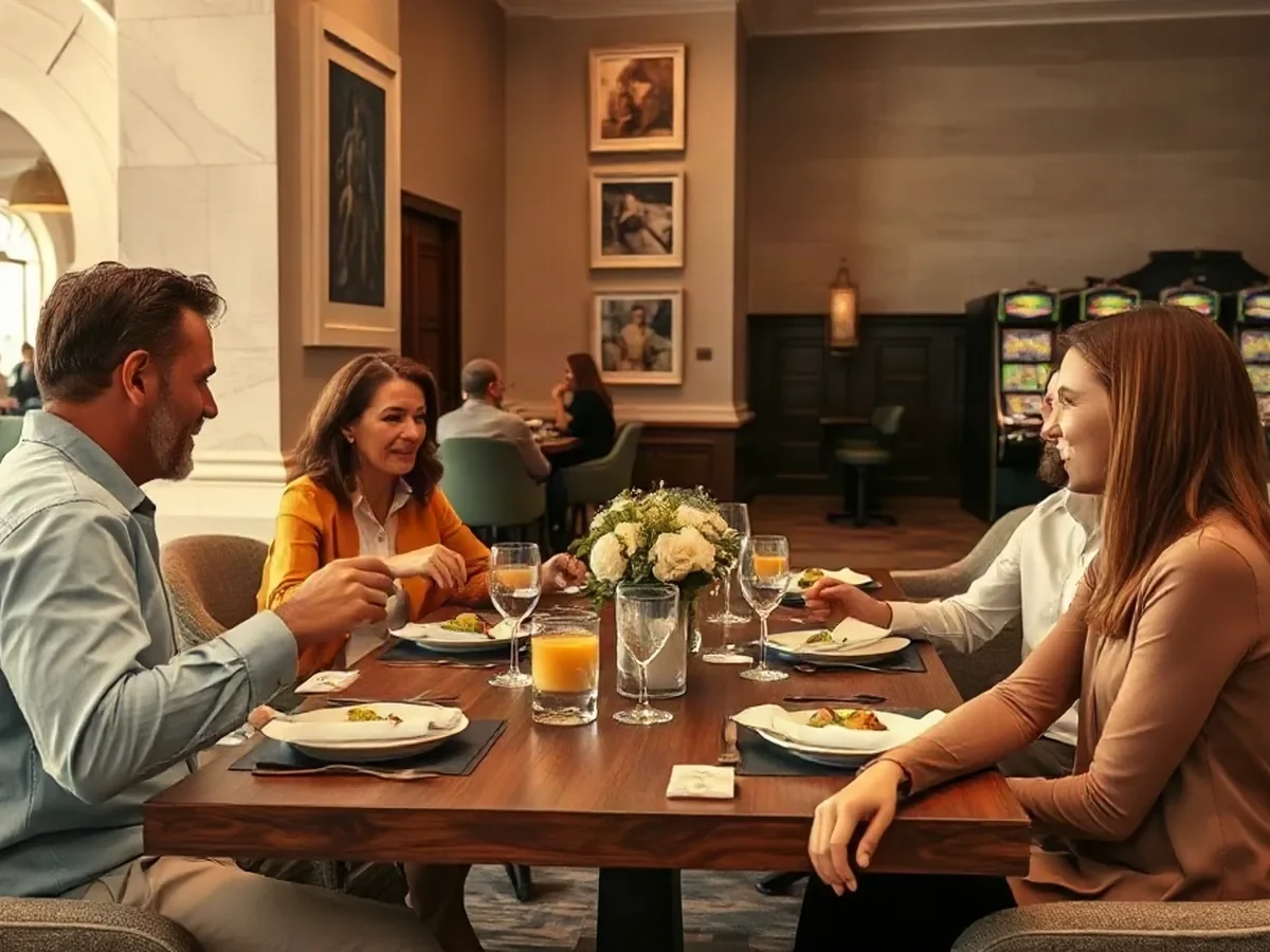 Adults share a meal at a linen-covered oak table under soft, warm light.